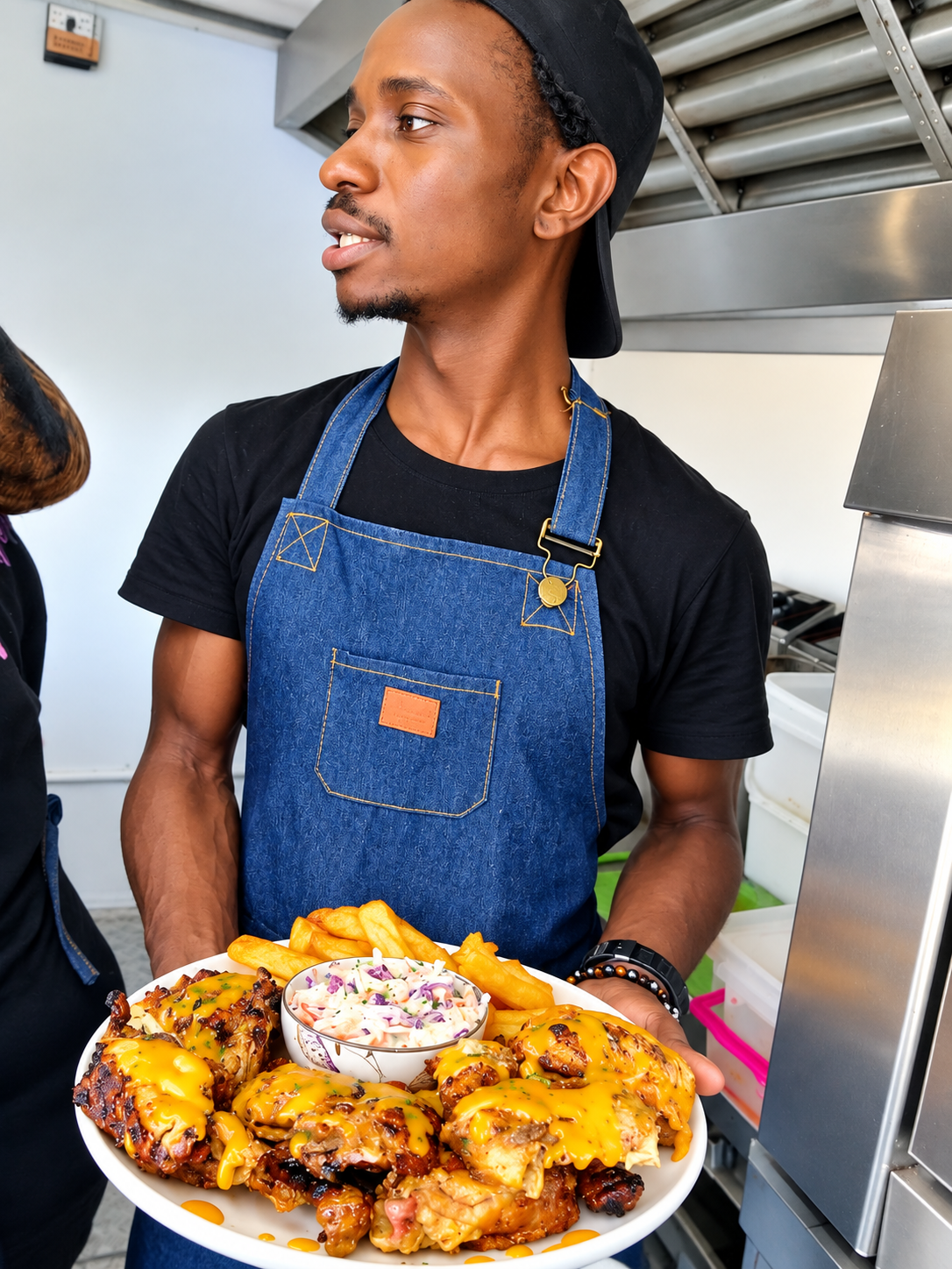 Our cook holding a plate of grilled chicken with cheese sauce, chips and coleslaw