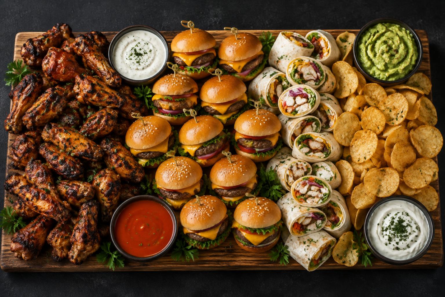 A large party platter of grilled wings, sliders, wraps and chips